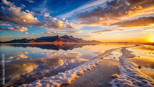 Great Salt Lake, Utah, USA in the evening, with a shallow depth of field, blurring the surrounding landscape and emphasizing the intricate textures of the lake's shoreline.