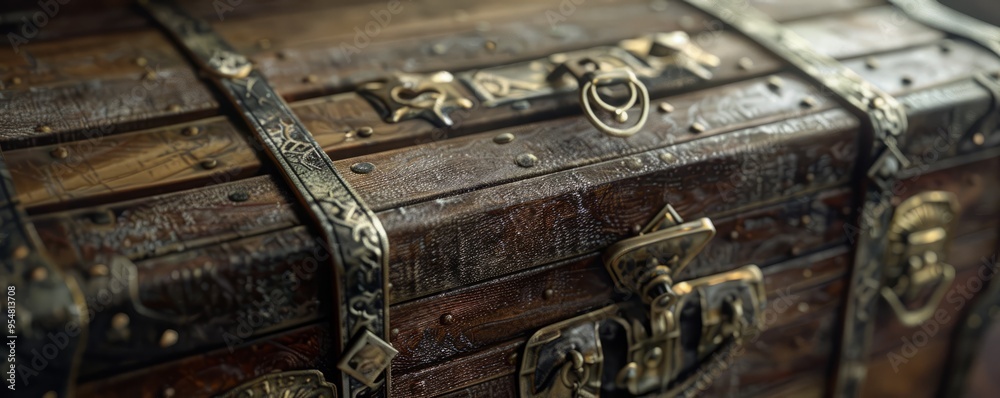 Antique trunk with brass fittings, 4K hyperrealistic photo Antique trunk with brass fittings, 4K hyperrealistic photo