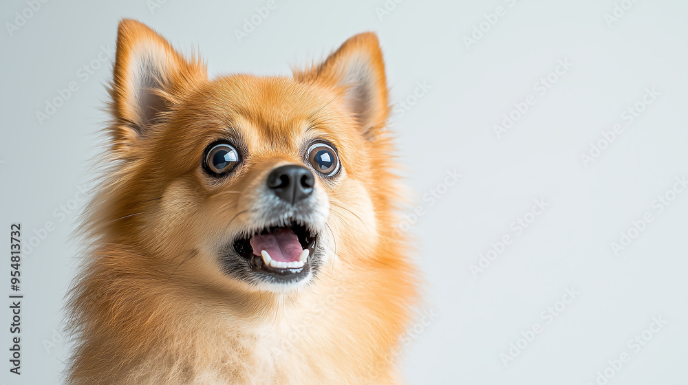 Pomeranian dog with a surprised expression, looking at the camera against an isolated white background Pomeranian dog with a surprised expression, looking at the camera against an isolated white background