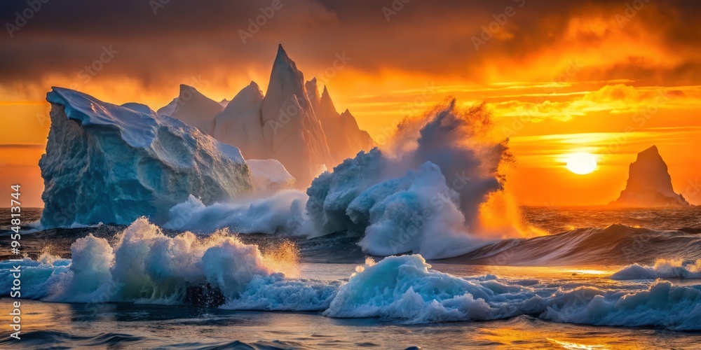 Naklejka premium Chukchi Sea in the evening, a dramatic and dynamic composition of crashing waves and towering icebergs, with the setting sun casting a deep orange glow over the entire scene.