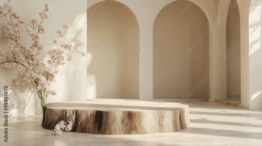 Rustic Tree Stump Podium with Soft Lighting and Floral Accents in a Modern Room. AI generated illustration Rustic Tree Stump Podium with Soft Lighting and Floral Accents in a Modern Room. AI generated illustration