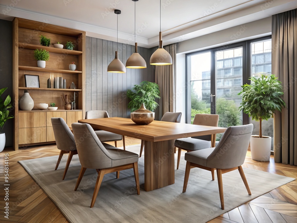 Elegant dining room featuring a sturdy wooden table, stylish upholstered chairs, and a minimalist aesthetic for a Elegant dining room featuring a sturdy wooden table, stylish upholstered chairs, and a minimalist aesthetic for a
