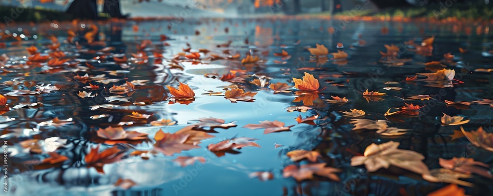 Reflective river with autumn leaves floating, 4K hyperrealistic photo