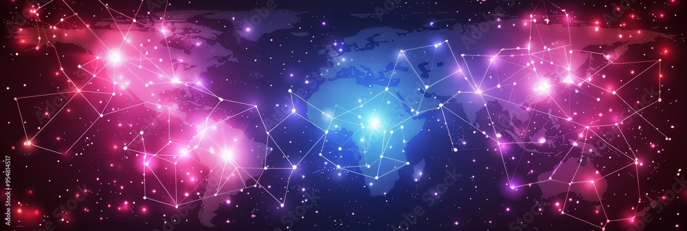 Fototapeta premium Global Network, World Map with Glowing Polygons, Lines and Particles on a Dark Background.