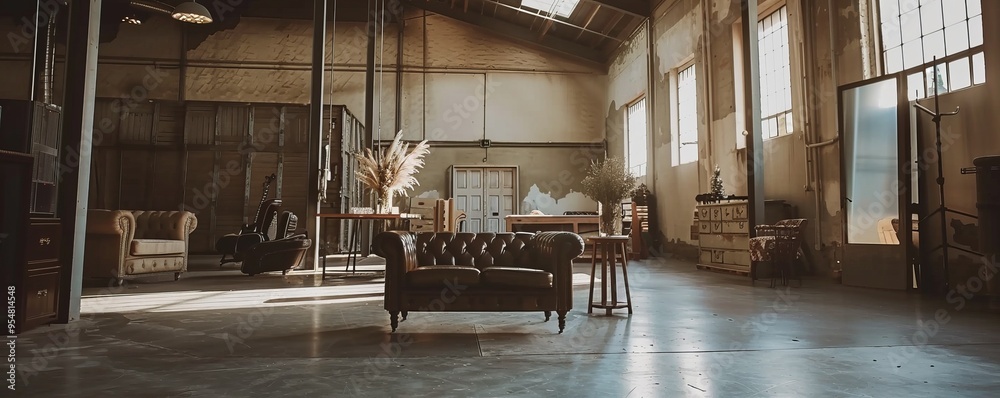 Fototapeta premium Trendy industrial chic wedding in a converted warehouse space, 4K hyperrealistic photo