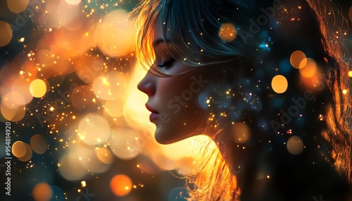 Craft an image of a free spirit in a serene, luminous world, featuring beautiful color gradients, deep field depth, and captivating sparkling bokeh