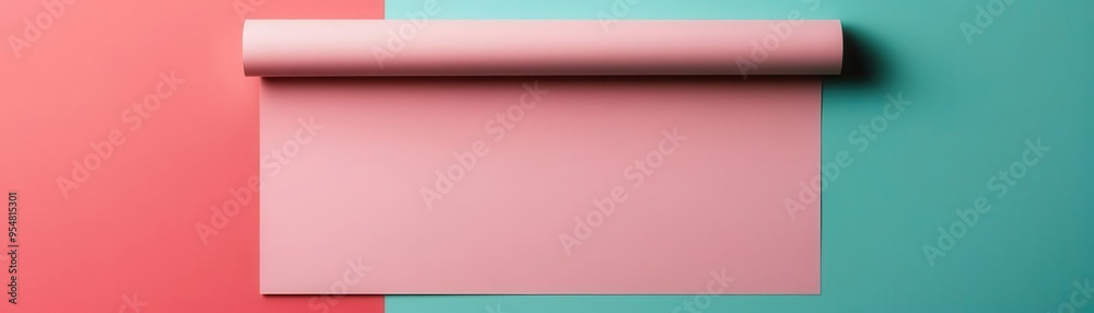 Fototapeta premium A simple flat lay of a rolled sheet on contrasting colored backgrounds, perfect for creative projects and design mockups.