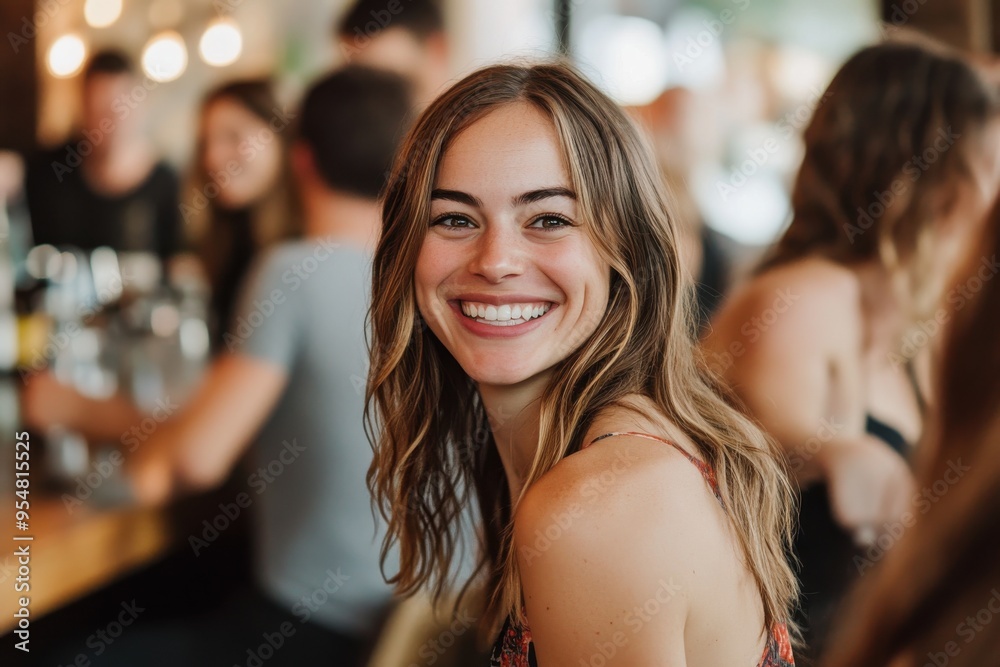 Woman smiling at a social event capturing warmth and happiness Woman smiling at a social event capturing warmth and happiness