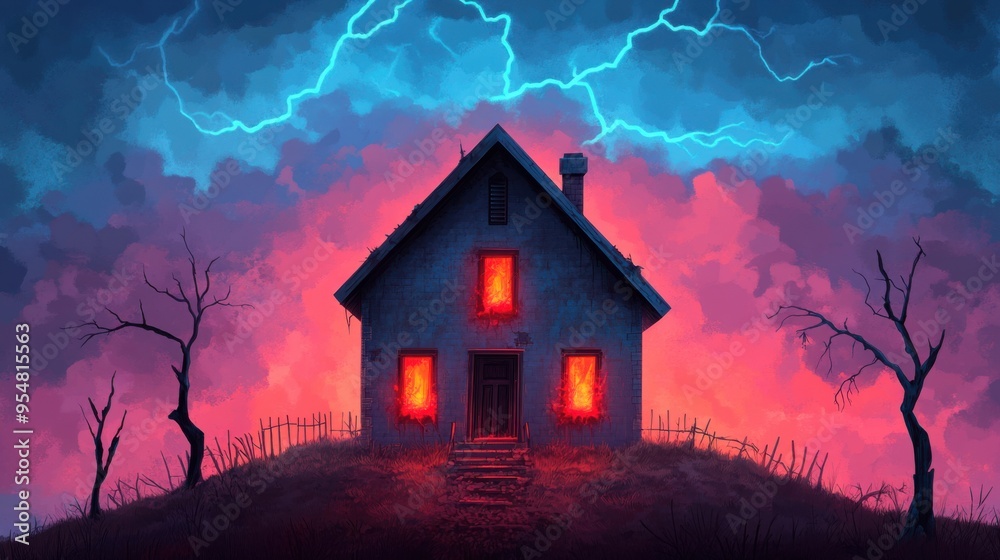 Mysterious Pixel Art Haunted Mansion on Hill with Eerie Fog, Broken Windows, and Lightning - Spooky Halloween Scene Mysterious Pixel Art Haunted Mansion on Hill with Eerie Fog, Broken Windows, and Lightning - Spooky Halloween Scene