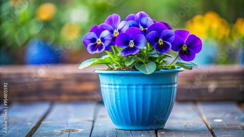 A delicate purple violet blooms in a dainty blue ceramic pot, contrasting soft hues with bold colors. photo