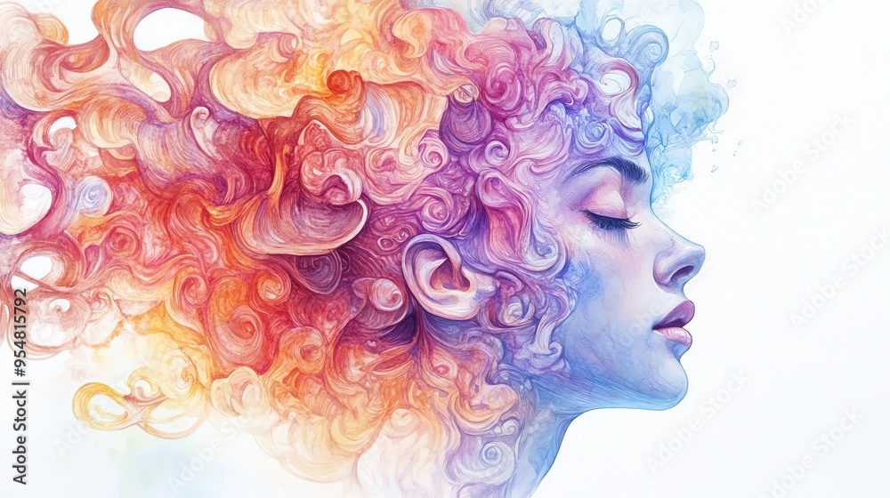 Vibrant Artistic Illustration of a Dreamy Female with Colorful Flowing Hair Vibrant Artistic Illustration of a Dreamy Female with Colorful Flowing Hair