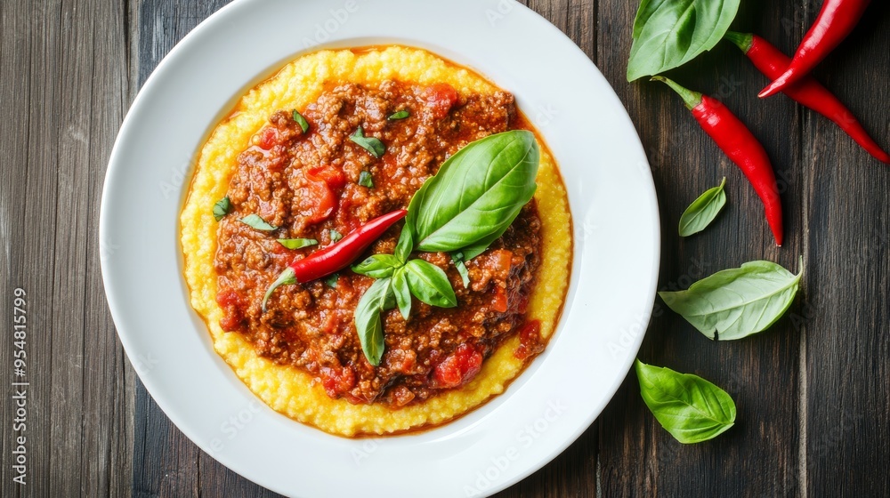 On a plate, creamy polenta with meat-and-tomato ragu and fresh basil garnish On a plate, creamy polenta with meat-and-tomato ragu and fresh basil garnish