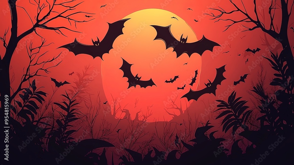 This image captures bats flying in front of a large red moon during ...