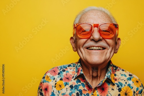 Elderly man in floral shirt and bright orange sunglasses against a vibrant yellow background