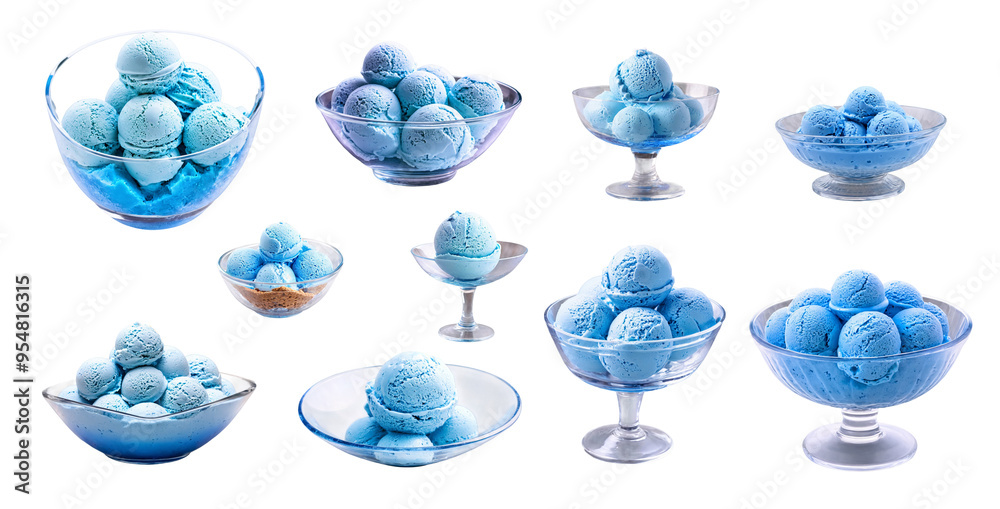 Fototapeta premium Blue ice cream in a glass bowl on an isolated background.
