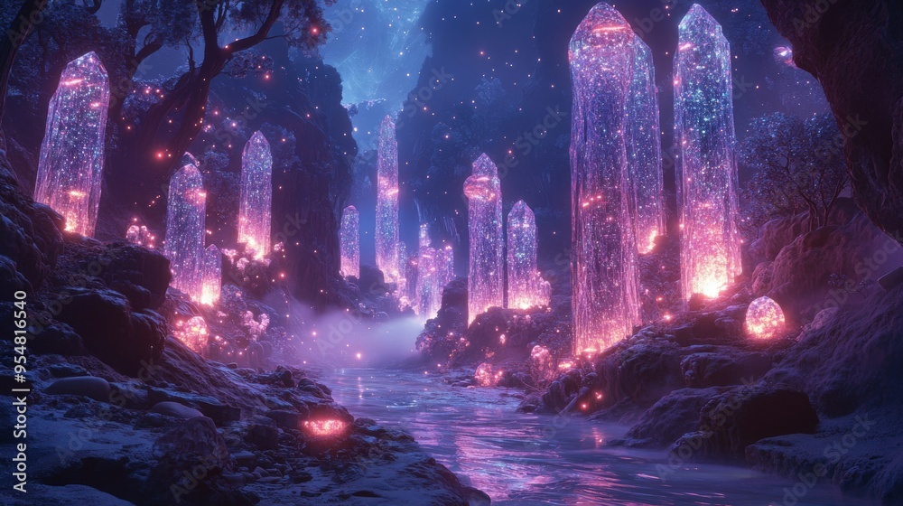 Glowing Crystal Pillars in a Mystical Cave with a River Glowing Crystal Pillars in a Mystical Cave with a River