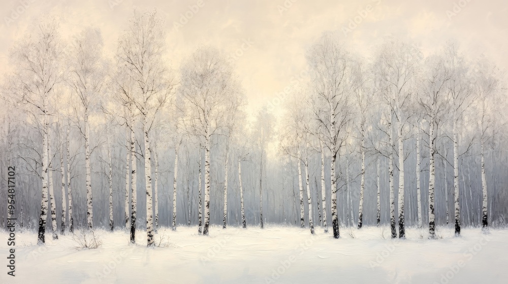 A Snowy Birch Forest in the Soft Light of Dawn A Snowy Birch Forest in the Soft Light of Dawn