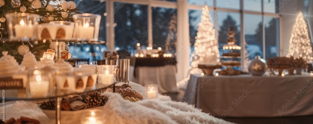 Fototapeta premium Cozy winter wonderland wedding with fur throws and hot chocolate station, 4K hyperrealistic photo