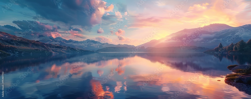 Tranquil lake at sunset with vibrant colors in the sky, 4K hyperrealistic photo Tranquil lake at sunset with vibrant colors in the sky, 4K hyperrealistic photo