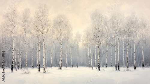 A Snowy Birch Forest in the Soft Light of Dawn