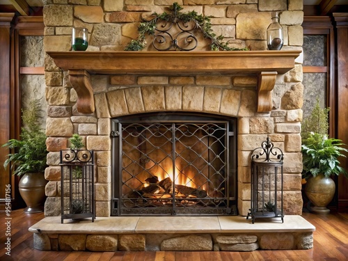 a photo image of a rustic sandstone fireplace with natural stone surround, ornate metal grate, and rustic wooden mantel photo