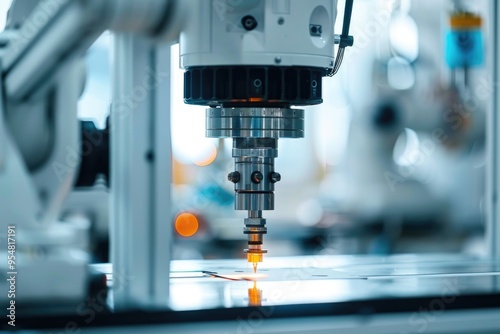 Close-Up of Industrial CNC Machine Performing Laser Cutting in a High-Tech Manufacturing Facility