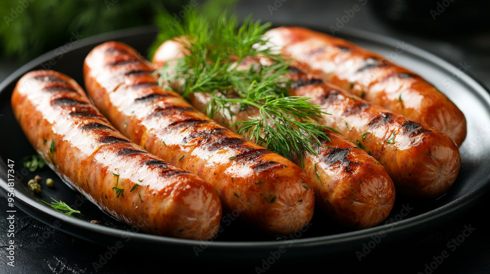 Grilled sausages, garnished with dill, on a dark plate. 