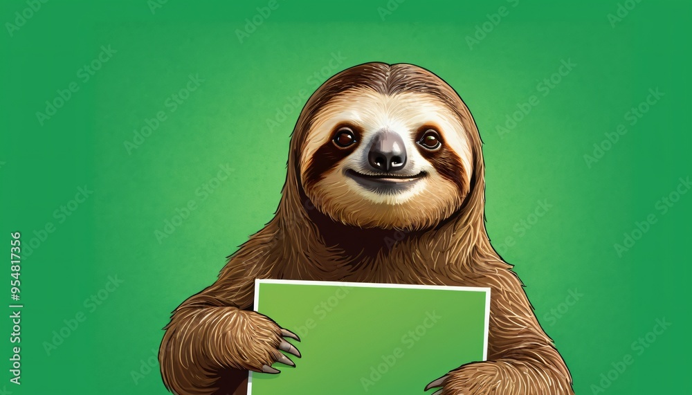 Fototapeta premium sloth holding a blank sign, isolated on green background
