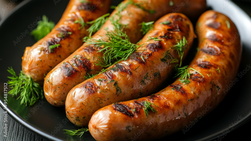 Grilled sausages, garnished with dill, on a dark plate. Grilled sausages, garnished with dill, on a dark plate.