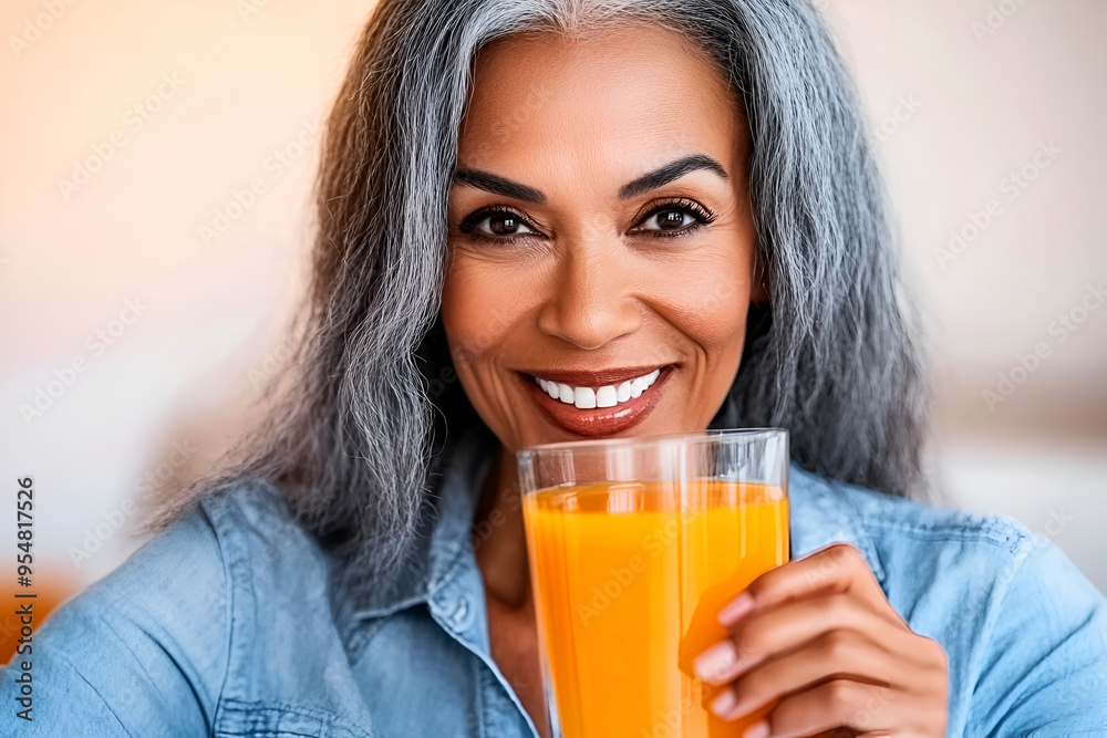 Elderly African woman with gray hair in blue blouse enjoying an orange juice in her cozy kitchen, smiling with contentment. Healthy aging concept. Elderly African woman with gray hair in blue blouse enjoying an orange juice in her cozy kitchen, smiling with contentment. Healthy aging concept.