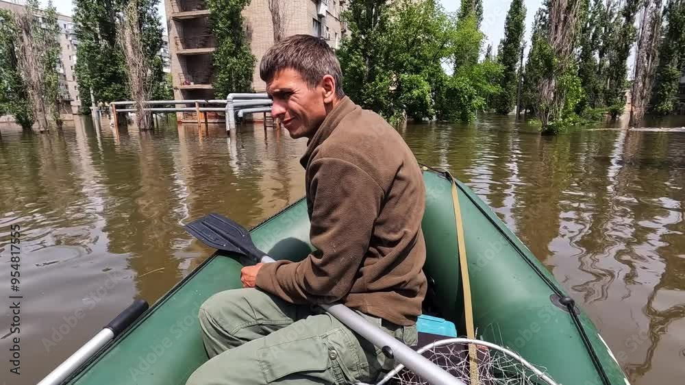 Volunteer sail on boat to evacuate animals and people after detonation of Hydroelectric Power Station. Flooding in Kherson as result of explosion of dam on Dnipro river in city of Novaya Kakhovka