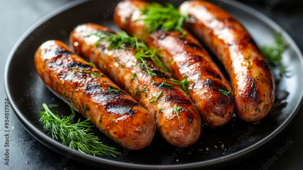 Grilled sausages, garnished with dill, on a dark plate. Grilled sausages, garnished with dill, on a dark plate.