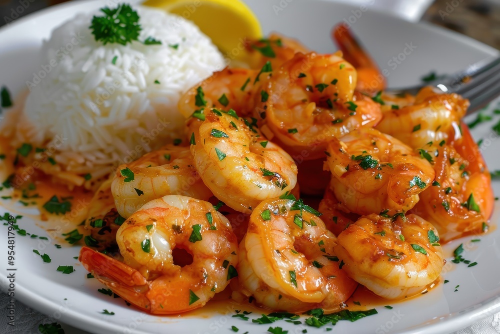 A serving of garlic butter shrimp, cooked to perfection and garnished with fresh parsley, served with a side of rice A serving of garlic butter shrimp, cooked to perfection and garnished with fresh parsley, served with a side of rice