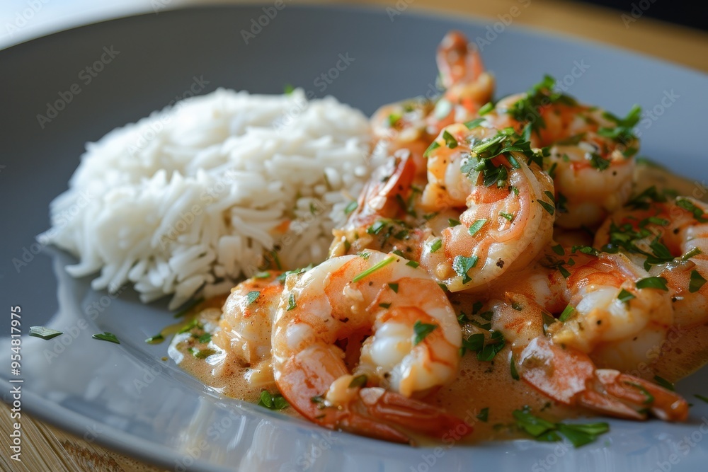 A serving of garlic butter shrimp, cooked to perfection and garnished with fresh parsley, served with a side of rice A serving of garlic butter shrimp, cooked to perfection and garnished with fresh parsley, served with a side of rice