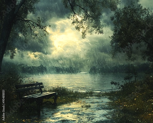 Create a rainy mood with stormy clouds, falling rain, and raindrenched surroundings, capturing a quiet and introspective ambiance photo