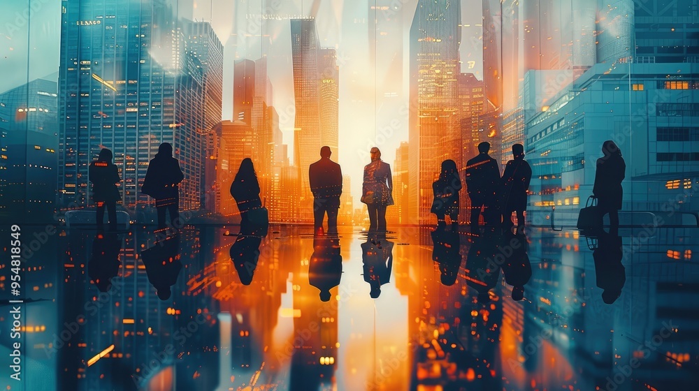 Obraz premium Double Exposure of Business Conference Group Meeting and City Office Building, a successful business partnership and collaboration. Generative AI.