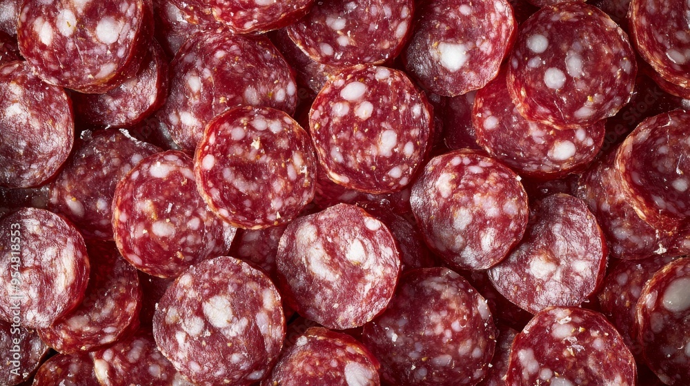 Pepperoni sausage slices full frame background banner Pepperoni sausage slices full frame background banner