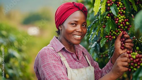 A hardworking African woman gathers coffee beans on a plantation, harvesting the fruits of her labor under the warm sun.