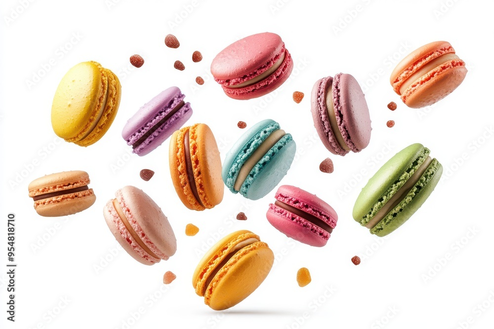 Colorful macarons floating in mid-air against a white background Colorful macarons floating in mid-air against a white background