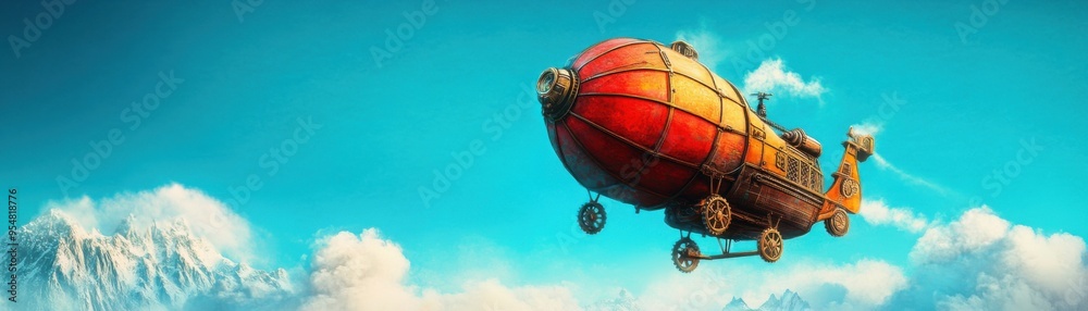 Retro Steampunk Airship Soaring Over Mountain Range with Gears and Clouds - Pixel Art Illustration of Fantasy Sky Adventure Retro Steampunk Airship Soaring Over Mountain Range with Gears and Clouds - Pixel Art Illustration of Fantasy Sky Adventure