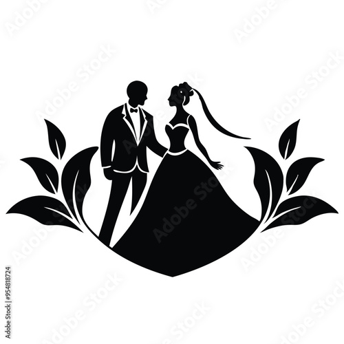 A silhouette of Man and woman, the woman in a wedding dress, symbolizing love and commitment in a romantic setting flat vector illustration on white background