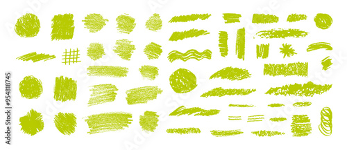Green charcoal scribble set. Grungy organic textures. Vector hand-drawn chalk textured lines, circles, squares, abstract scratches and scribbles for eco bio health food package and identity