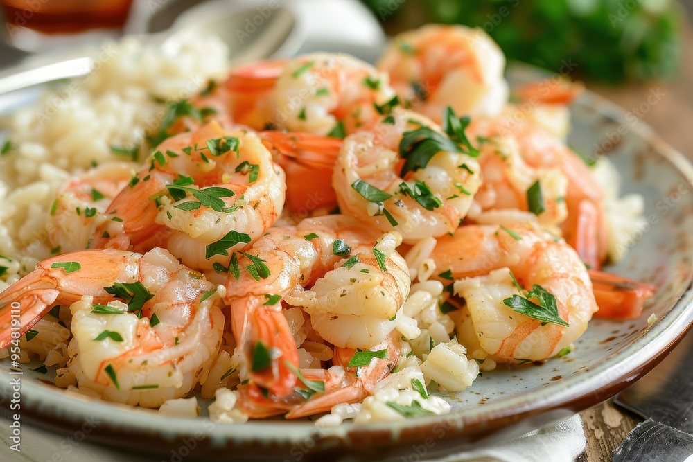 A serving of garlic butter shrimp, cooked to perfection and garnished with fresh parsley, served with a side of rice A serving of garlic butter shrimp, cooked to perfection and garnished with fresh parsley, served with a side of rice