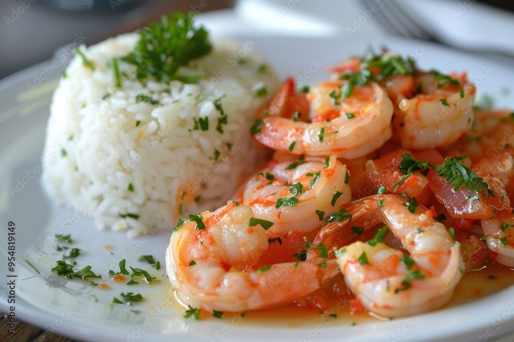 A serving of garlic butter shrimp, cooked to perfection and garnished with fresh parsley, served with a side of rice A serving of garlic butter shrimp, cooked to perfection and garnished with fresh parsley, served with a side of rice