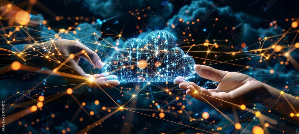 Two Hands Reaching for a Glowing Cloud Icon with Network Nodes on a Futuristic Technology Background Two Hands Reaching for a Glowing Cloud Icon with Network Nodes on a Futuristic Technology Background