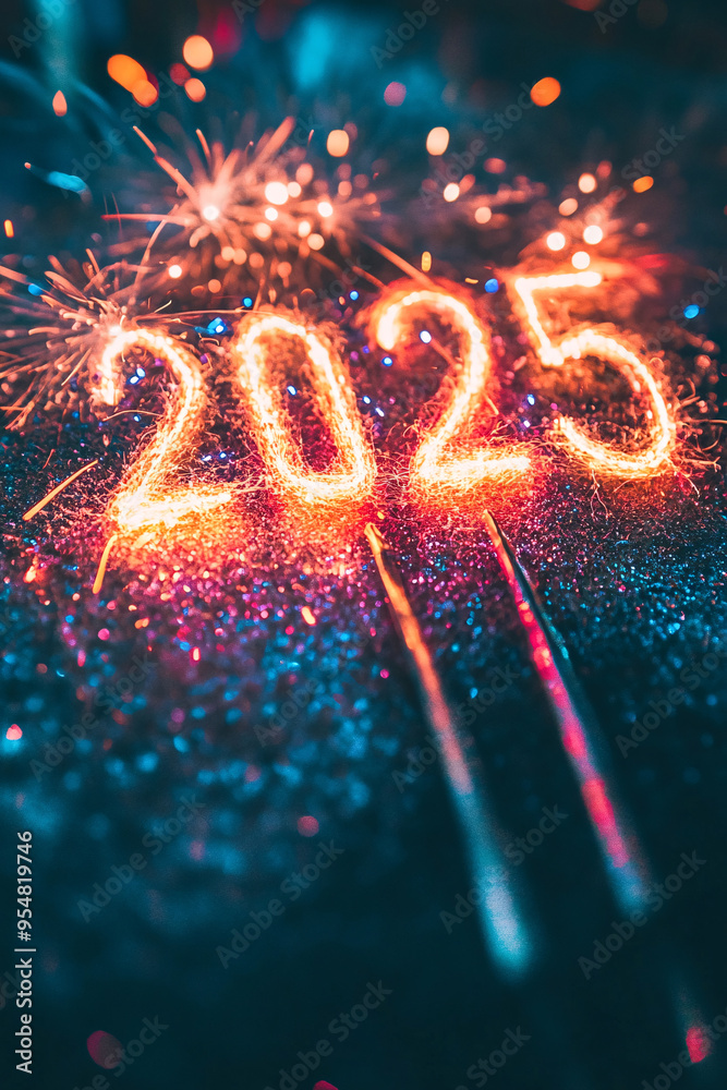 2025 golden on New Year dark background with fireworks. Celebration New ...