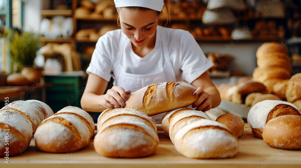 Woman wearing a white uniform monitors the bread production line in a factory, ensuring each loaf meets quality standards. Woman wearing a white uniform monitors the bread production line in a factory, ensuring each loaf meets quality standards.