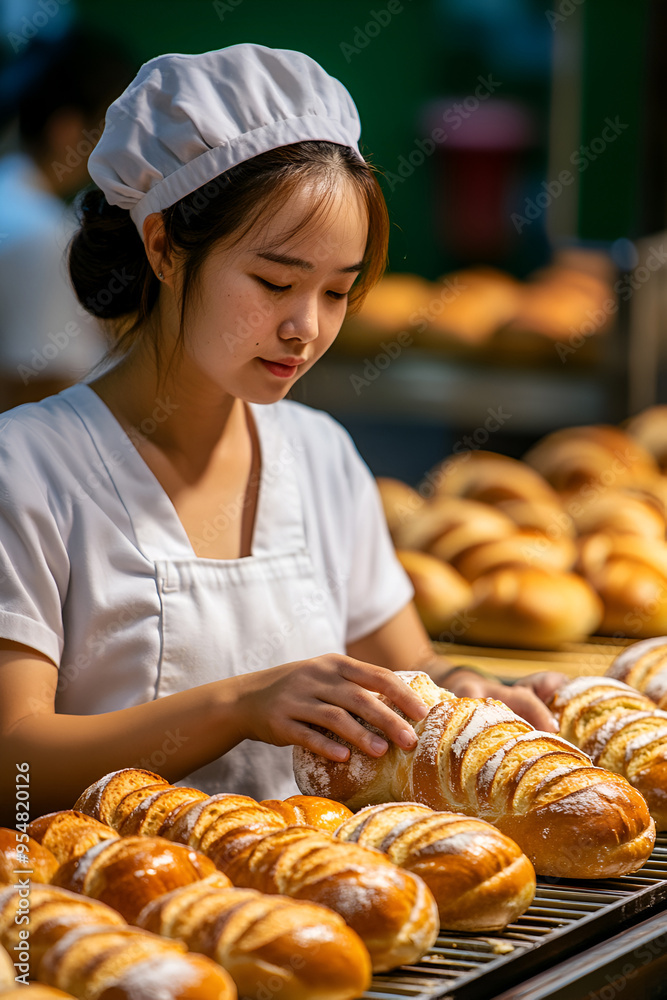 An Asian woman in white uniform manages the production line in a bread factory, focusing on efficiency and quality control. An Asian woman in white uniform manages the production line in a bread factory, focusing on efficiency and quality control.