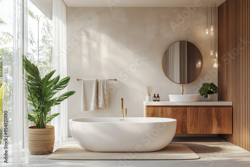 A luxurious bathroom featuring a minimalist design with a freestanding bathtub, wooden accents, and greenery, creating a serene and spa-like atmosphere