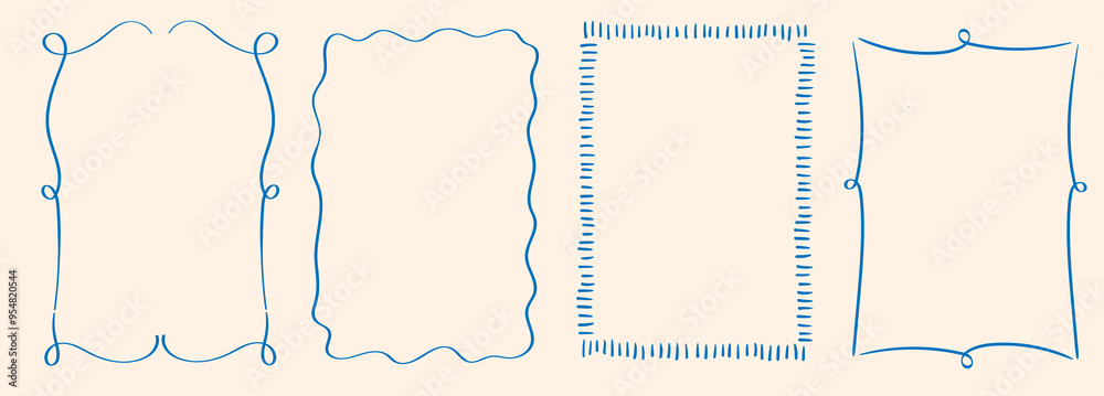 Rectangle  wavy scallop frame in doodle trendy style. Border with elegant  outline loop for greeting cards. Rectangular shapes with curvy and jagged borders. 